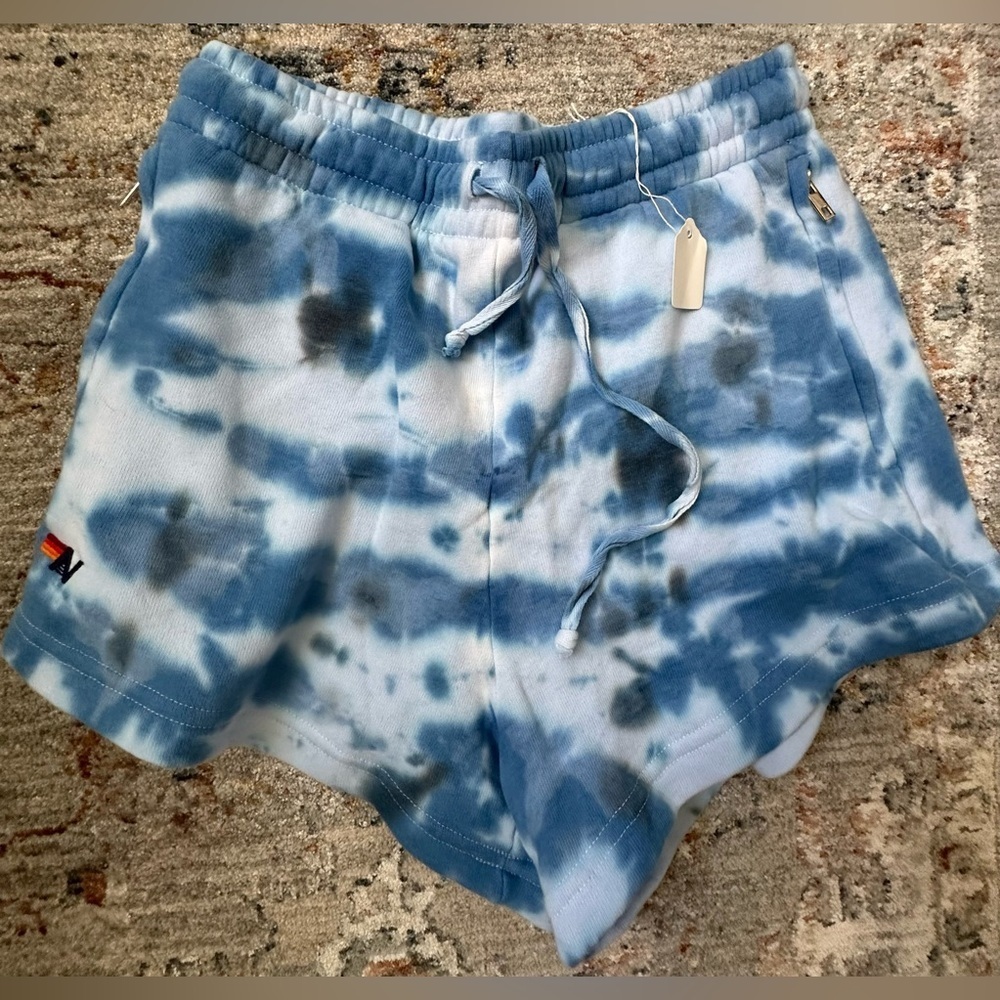 RARE AVIATOR NATION NWT HAND DYED LOUNGE ZIP SHORT in Blue and Grey Tie Dye M